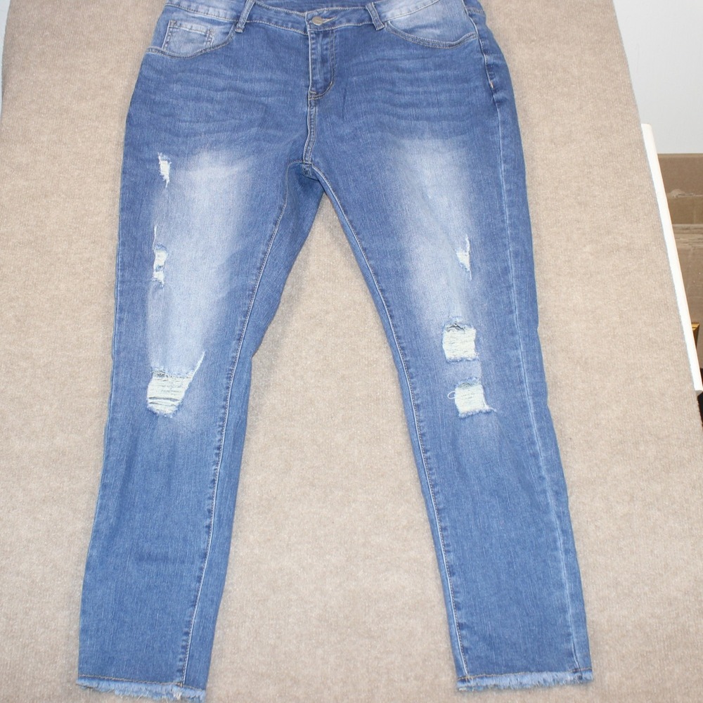 Distressed High Rise Skinny Jeans Medium Wash Ripped Frayed Hem 2XL 16